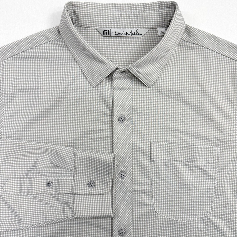 Travis Mathew Button Down Golf Shirt Mens L Grey Gingham Long Sleeve Workwear